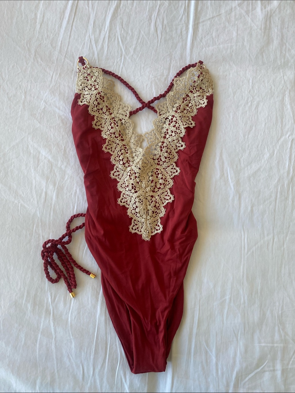 Blue Life Burgundy One-Piece Swimsuit with Cream Lace Trim